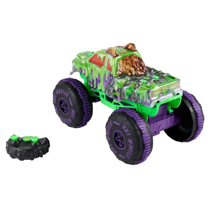 Hot Wheels Mutant Chaos Wreckin' Wolf RC rear angle with green slime graphics, purple wheels and controller