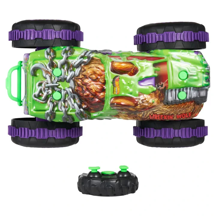Hot Wheels Mutant Chaos Wreckin' Wolf RC top view with chain graphics, purple wheels and controller