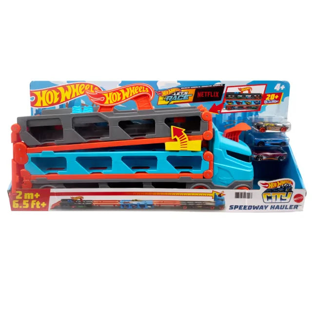 Hot Wheels Speedway Hauler truck and racetrack set in retail packaging
