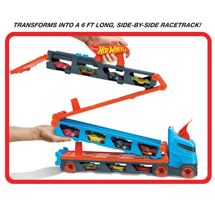 Hot Wheels Speedway Hauler unfolded into extended dual racetrack with cars displayed