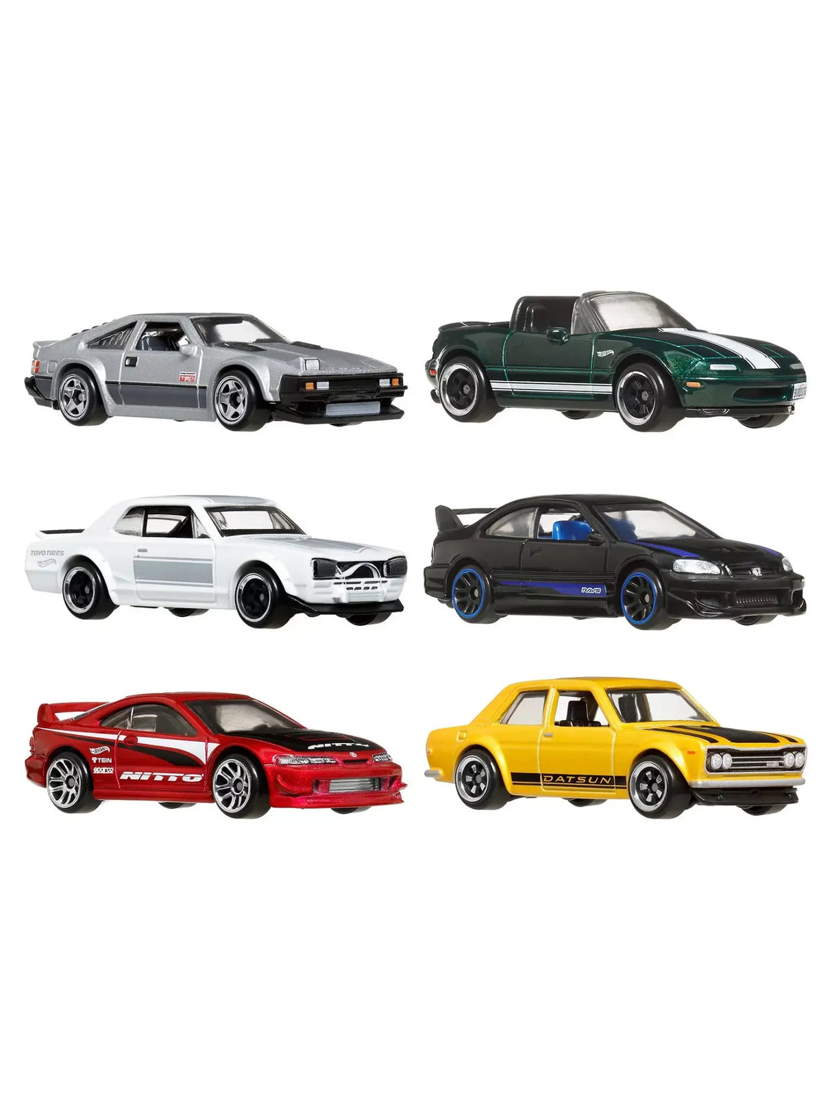 Set of six Hot Wheels Japanese die-cast cars including Supra, Skyline, and Datsun models