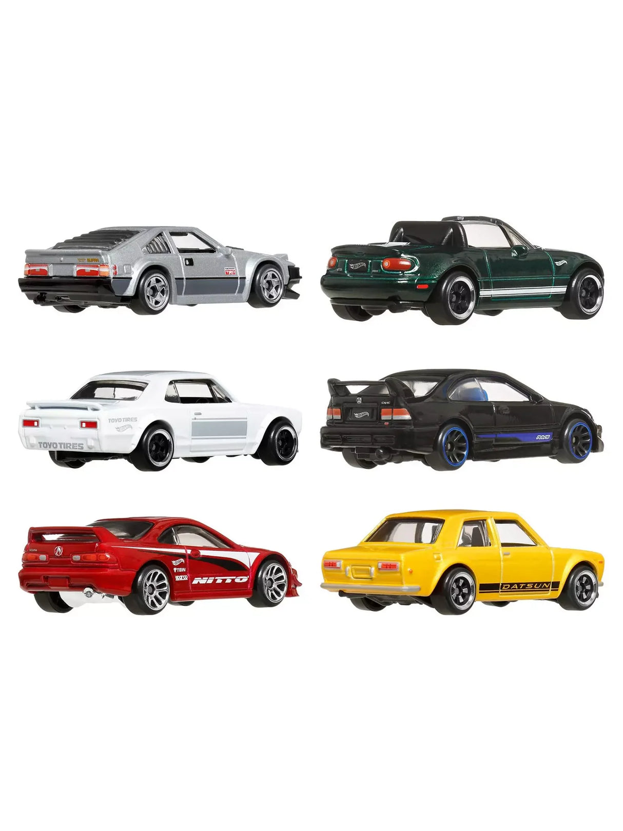 Hot Wheels Japanese car collection showing multiple angles of the six 1:64 scale vehicles