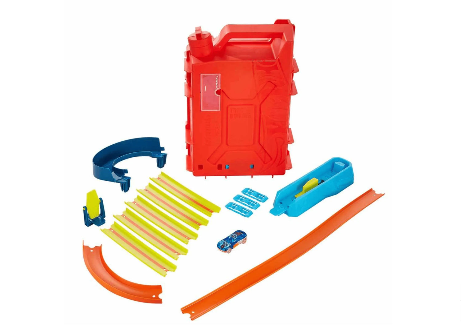 Hot Wheels Track Builder Fuel Can Stunt Box contents displayed with tracks, connectors, loop, and car in Ireland.