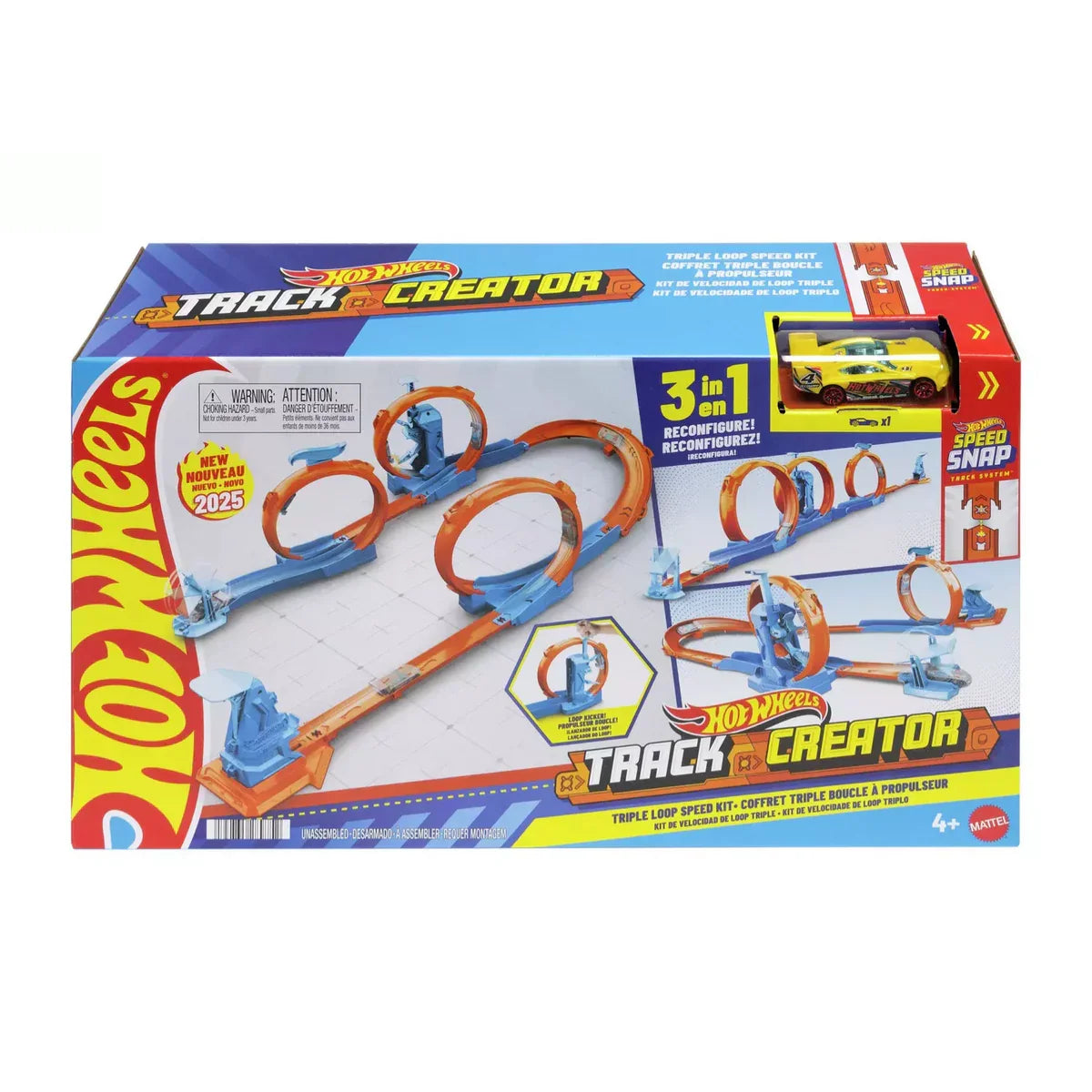 Hot Wheels Track Creator Triple Loop SDpeed Kit retail box showing three stunt loops and included car in Ireland.