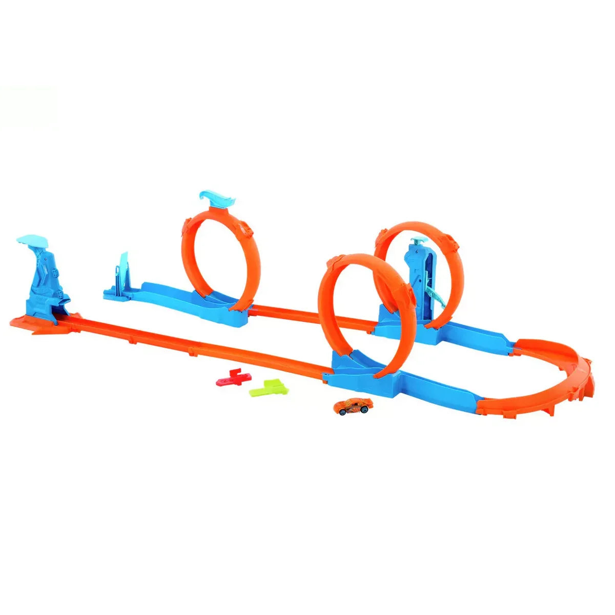 Hot Wheels Track Creator Triple Loop Speed Kit assembled with triple loop stunt track and car in Ireland.