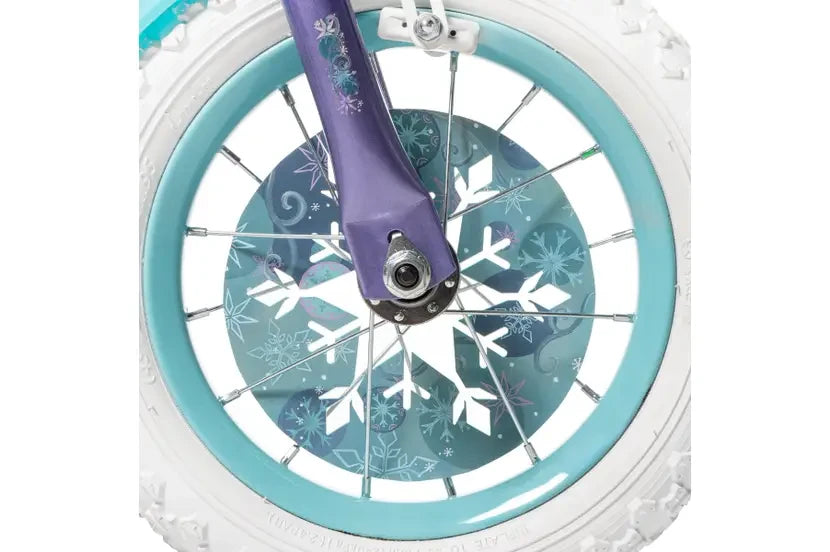 Close up of Huffy Disney Frozen bike front wheel, fork and brake