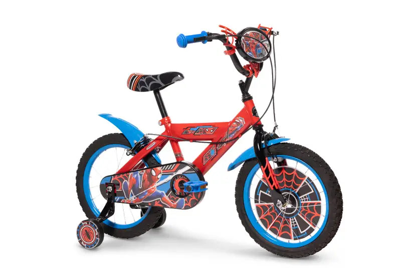 Huffy Marvel Spider-Man red bike shown from a front angle with blue wheel rims, black saddle and handlebar plaque