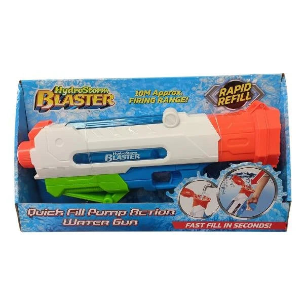 HydroStorm Blaster Quick Fill Pump Action Water Gun in blue and orange retail box showing white and orange water gun with green pump grip and rapid refill callout