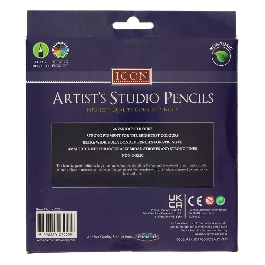 Back of the Icon Artist's Studio 24 colour pencils box with product information and barcode