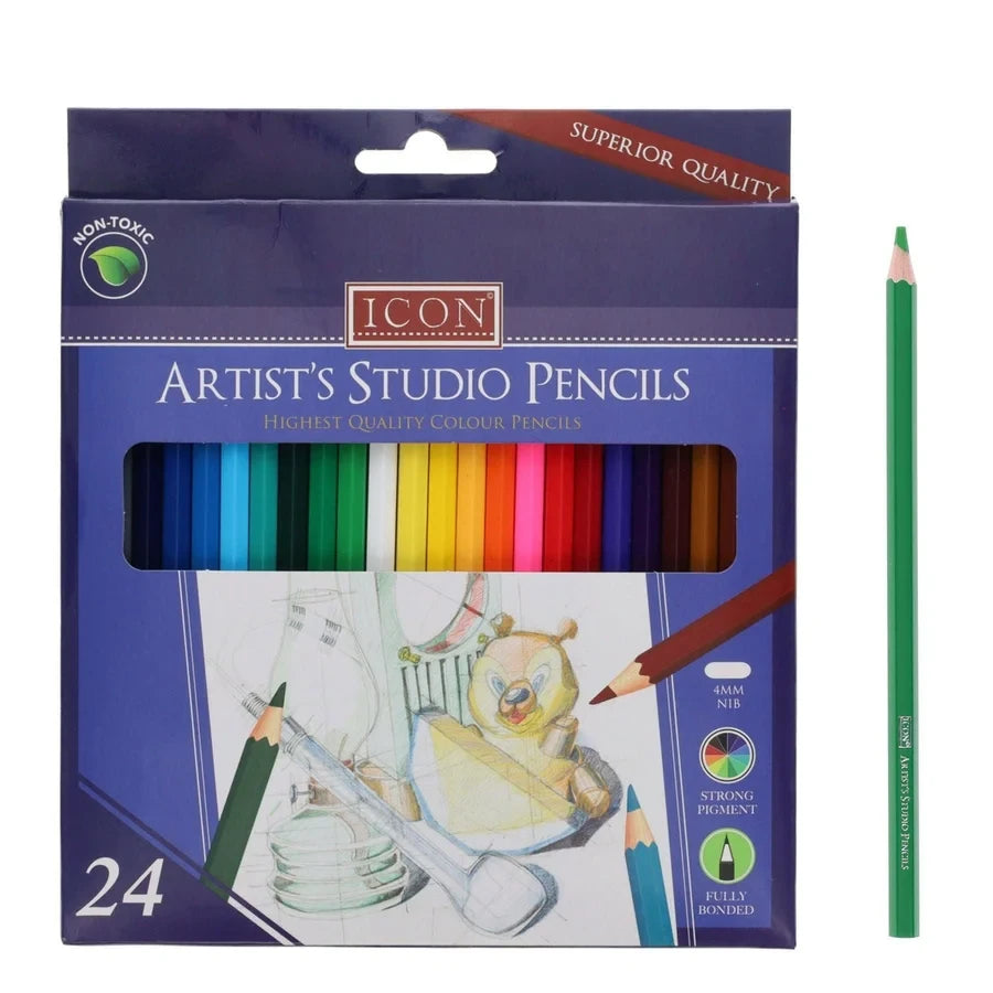 Icon Artist's Studio 24 colour pencils box shown beside a green pencil