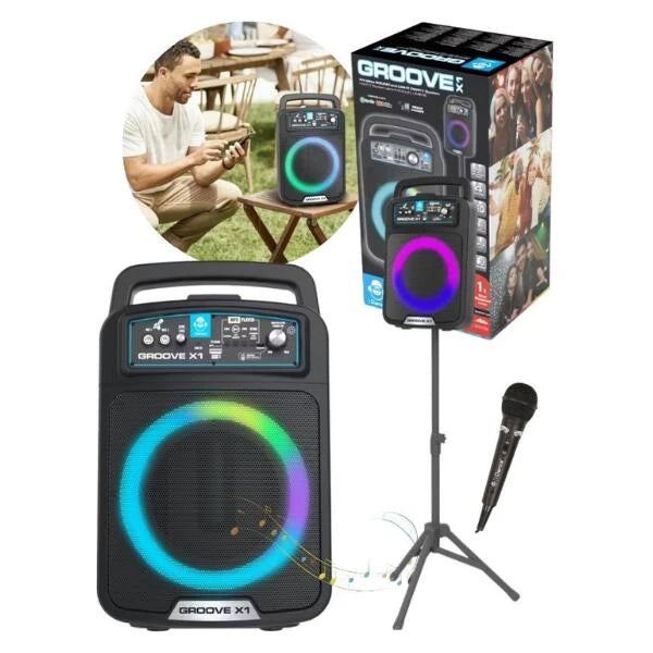 iDance Groove X1 speaker shown with product box, microphone and stand