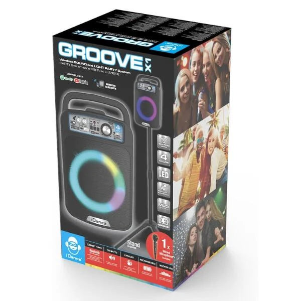 iDance Groove X1 product box front view with speaker image and feature icons