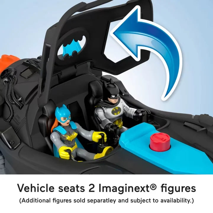 Batman and Batgirl figures seated inside Imaginext Lights and Sounds Batmobile cockpit