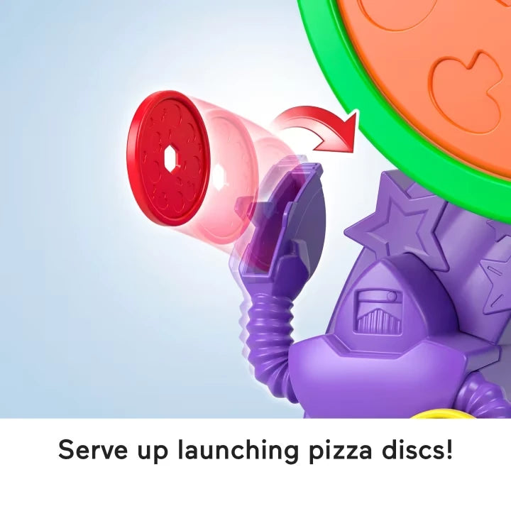 Close-up of the pizza disc launcher on the Imaginext Disney Pixar Toy Story Pizza Planet Playset