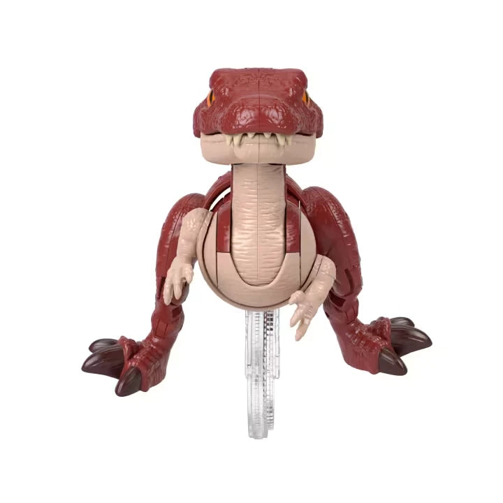 Imaginext Jurassic World Spinosaurus front view showing open jaws, legs and clear wheel mechanism
