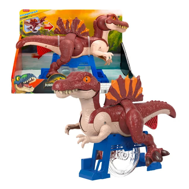 Imaginext Jurassic World Rebirth Sprinting Spinosaurus with retail packaging and blue support stand