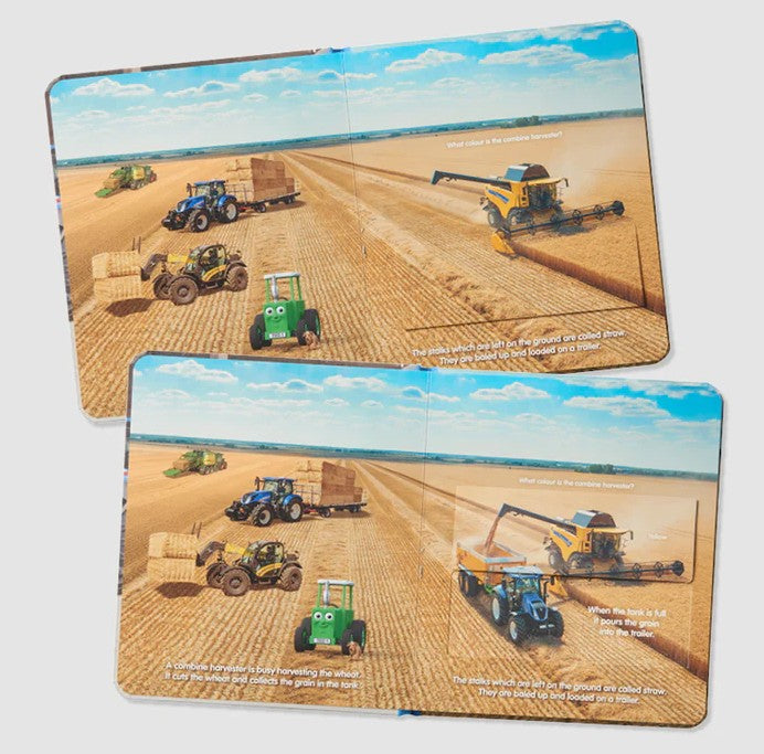 Inside pages of Tractor Ted Tractors and Machines book with tractors and harvesters Ireland