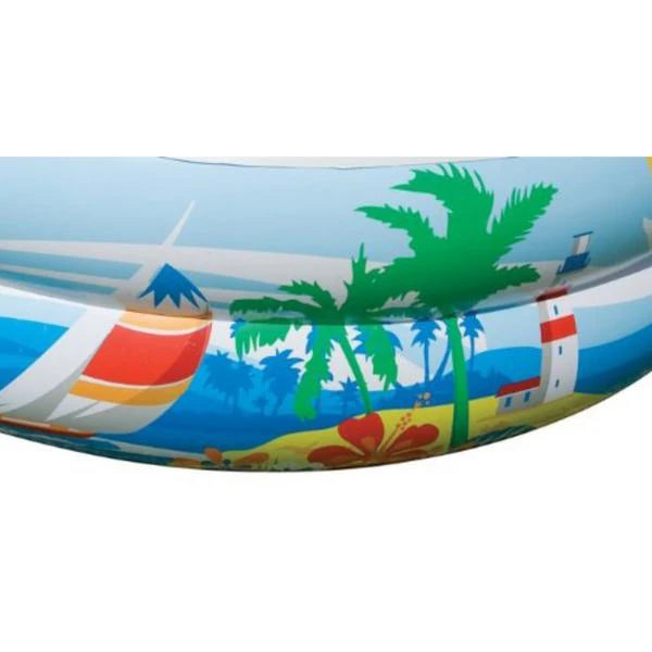 Alt: Close-up of the Intex Paradise Seaside pool with boats, palm trees and lighthouse graphics