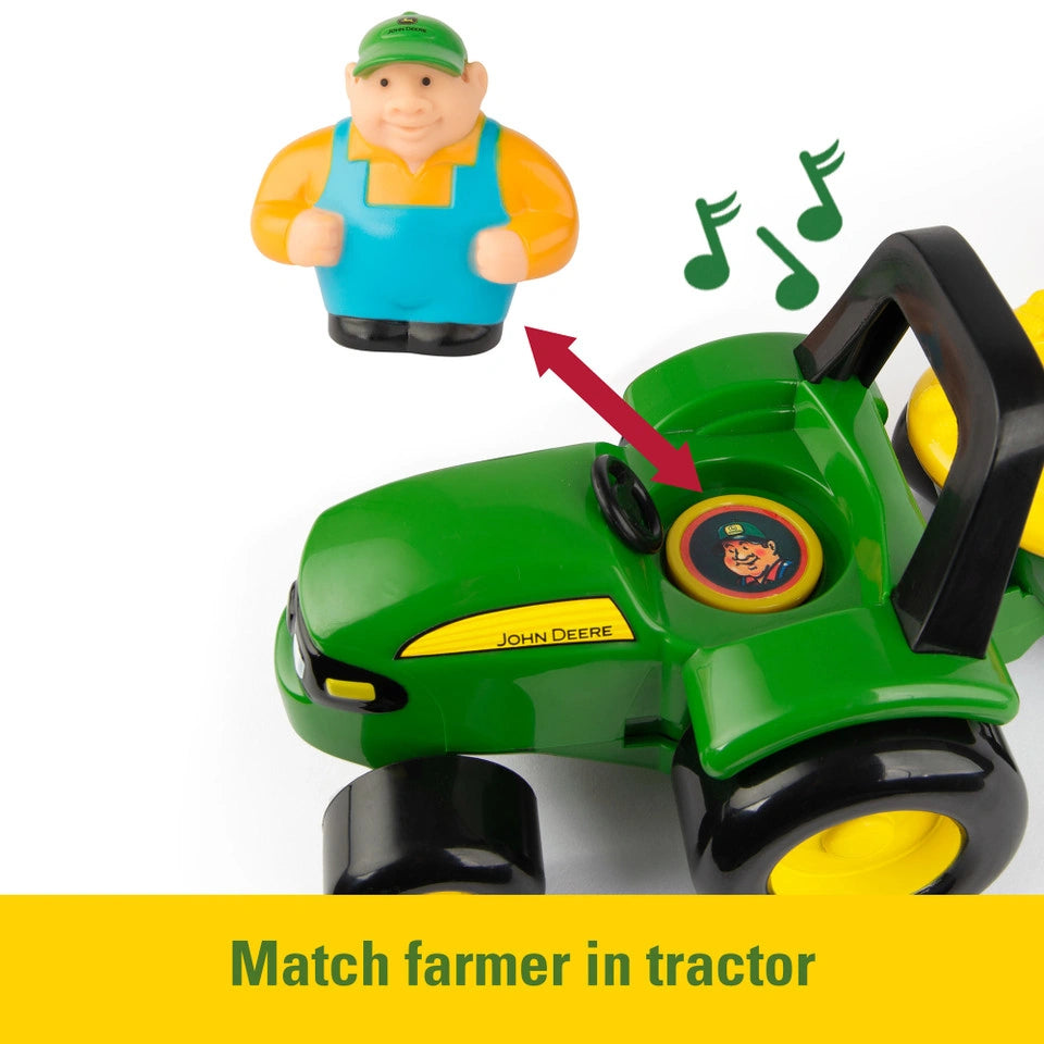 Close view of John Deere tractor showing round button with farmer picture, farmer figure above with red arrow and green music notes, with yellow banner text “Match farmer in tractor”