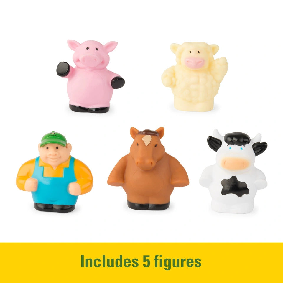 Five toy figures on white background: pig, sheep, farmer, horse and cow, with yellow banner text “Includes 5 figures”