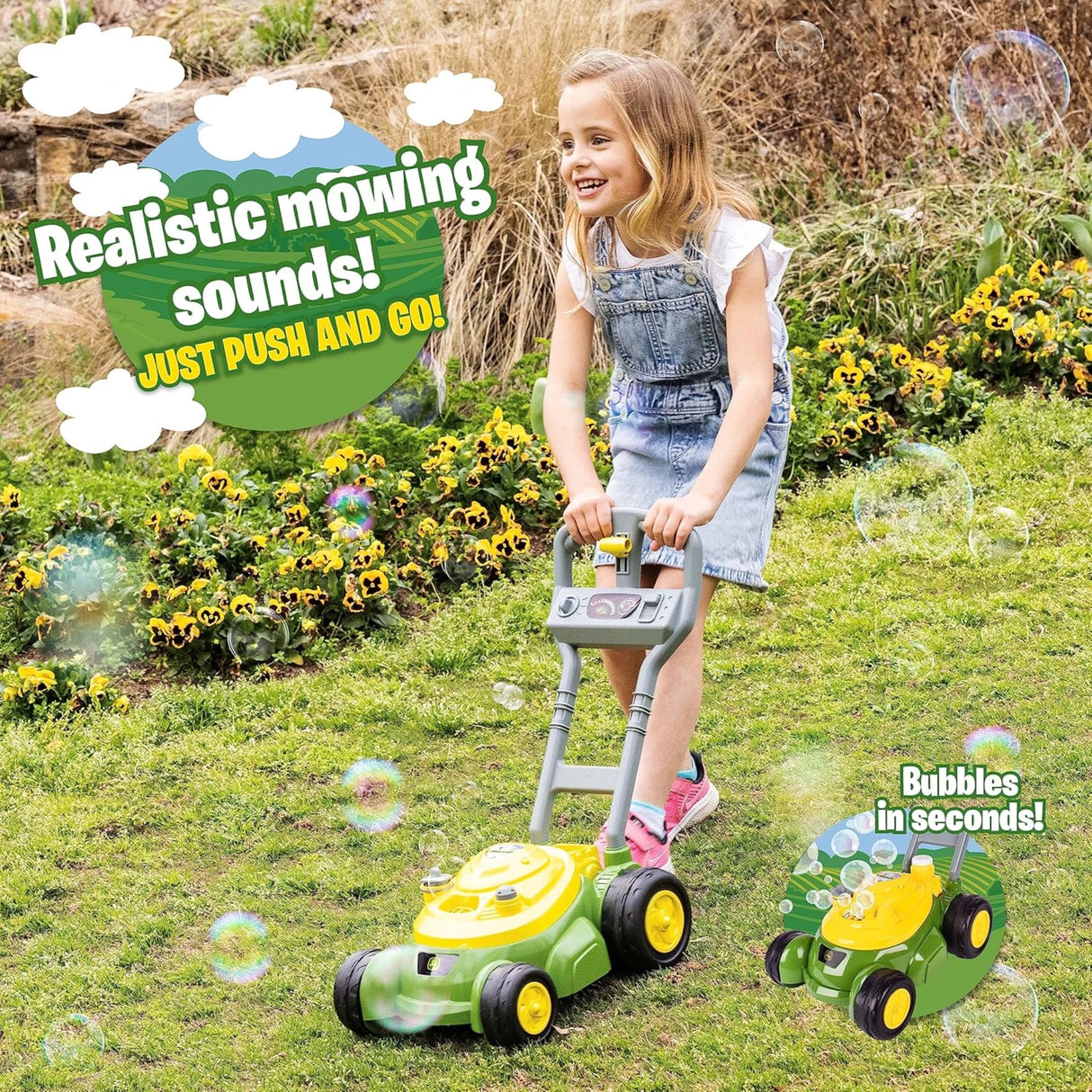 Child pushing a green and yellow toy mower on grass with bubble graphics and text “Realistic mowing sounds! JUST PUSH AND GO!” plus “Bubbles in seconds!” with small mower image