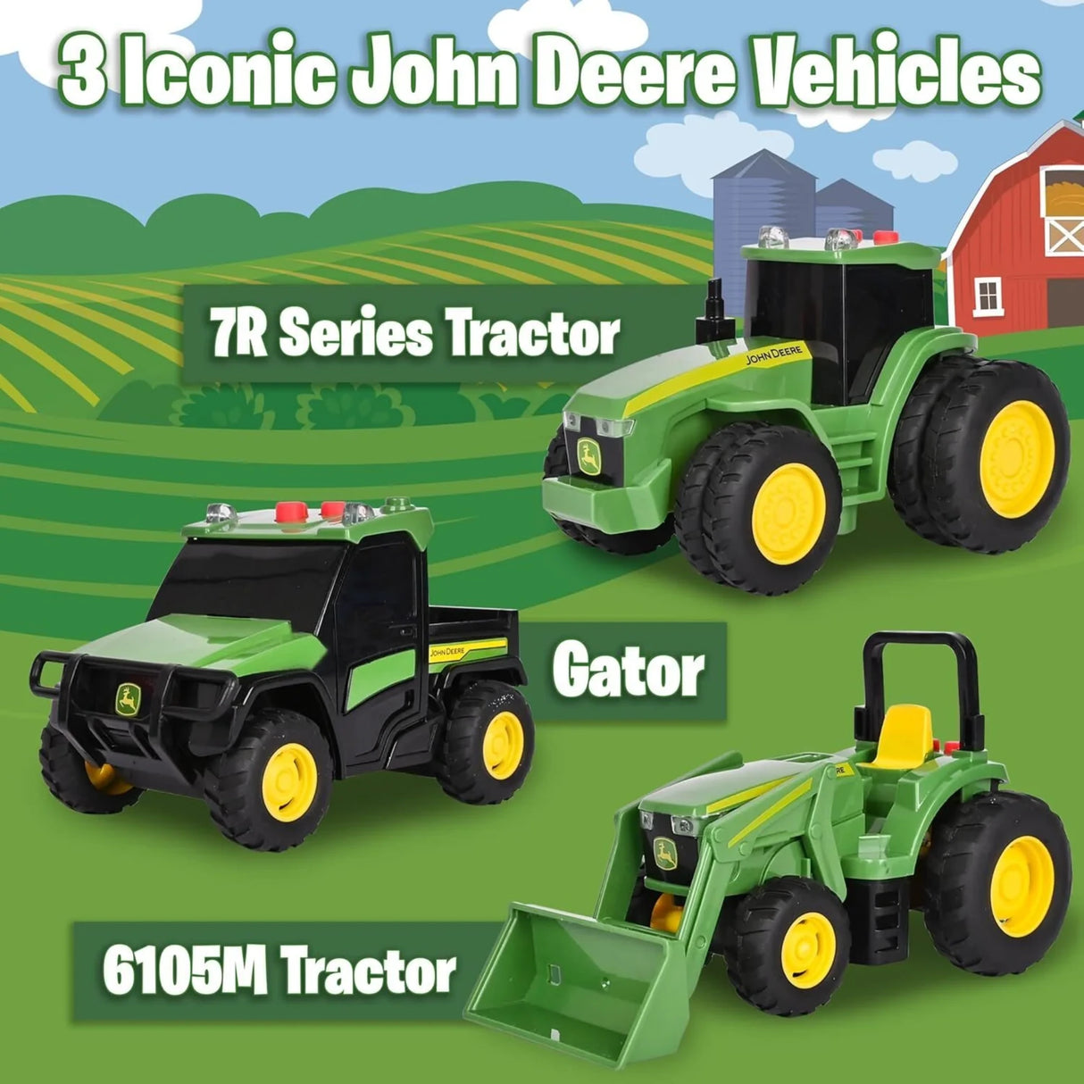 Graphic showing three John Deere mini vehicles on illustrated farm background with text “3 Iconic John Deere Vehicles” and labels “7R Series Tractor”, “Gator” and “6105M Tractor”