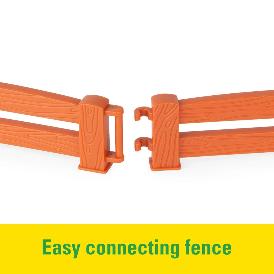 Close view of orange fence pieces showing connector clips, with yellow banner text “Easy connecting fence”