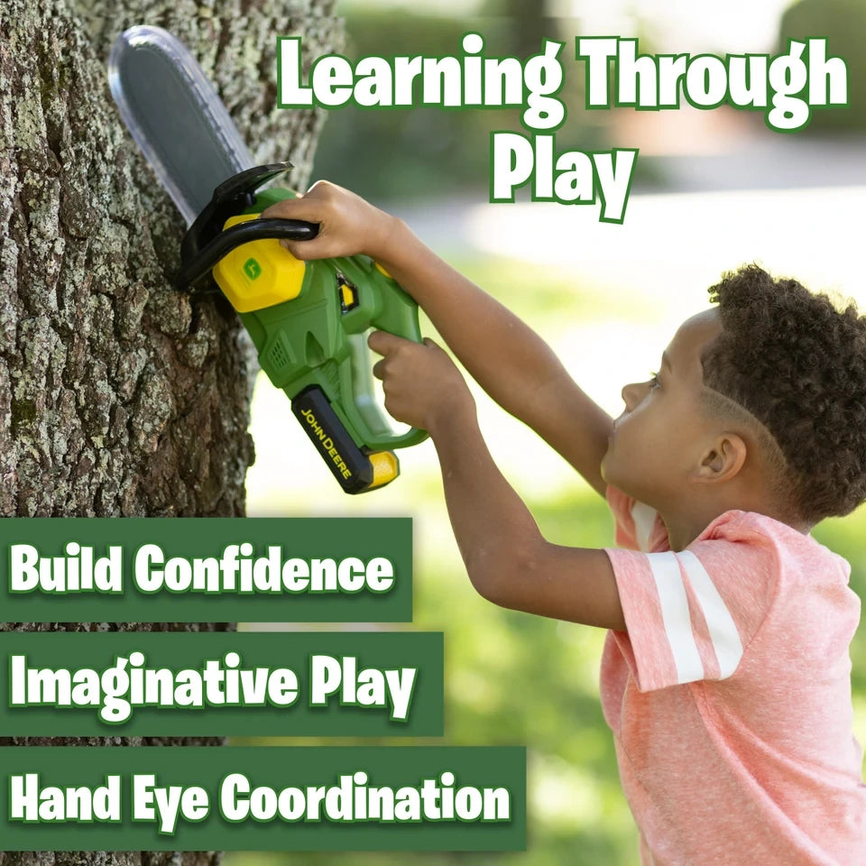 John Deere Motorised Chainsaw used against tree trunk with child holding both handles