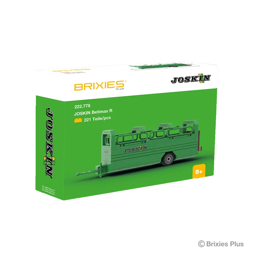 BRIXIES Plus Joskin Betimax building set in its green JOSKIN branded retail box with the completed livestock trailer pictured on the front