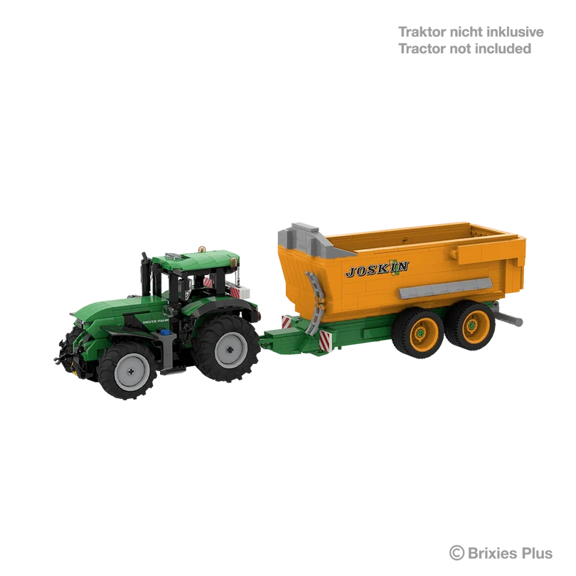 BRIXIES Plus Joskin Trans-KTP connected to a green Deutz tractor for display, with the tractor marked as not included