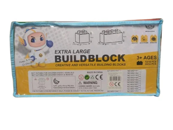 Jumbo building blocks set with product information printed in a panel underneath on a white background