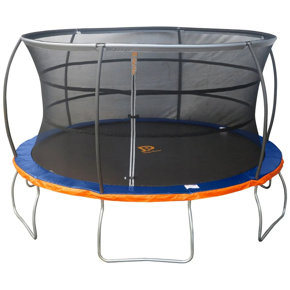 Jump Power 13ft trampoline with safety enclosure, blue mat, orange edge padding and grey frame