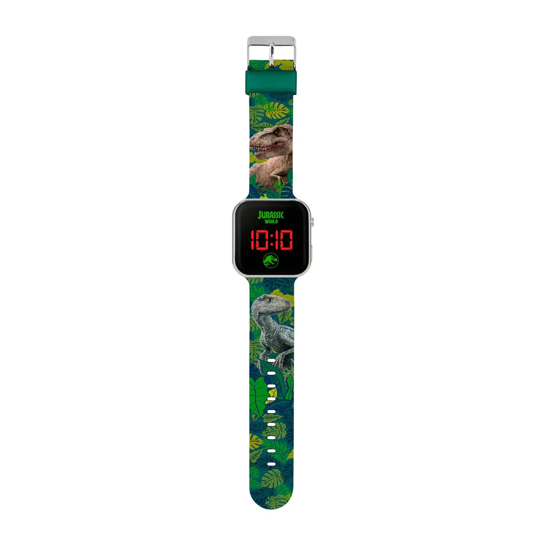 Full view of Jurassic World LED watch showing jungle-green strap with detailed T. rex and Velociraptor prints in Ireland.