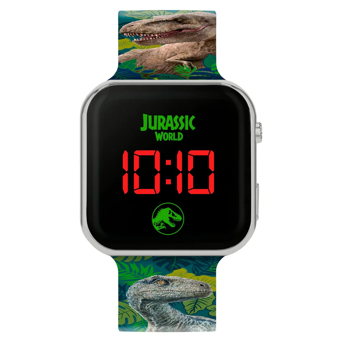 Close-up of Jurassic World LED watch dial with bright red time display and vivid dinosaur graphics in Ireland.