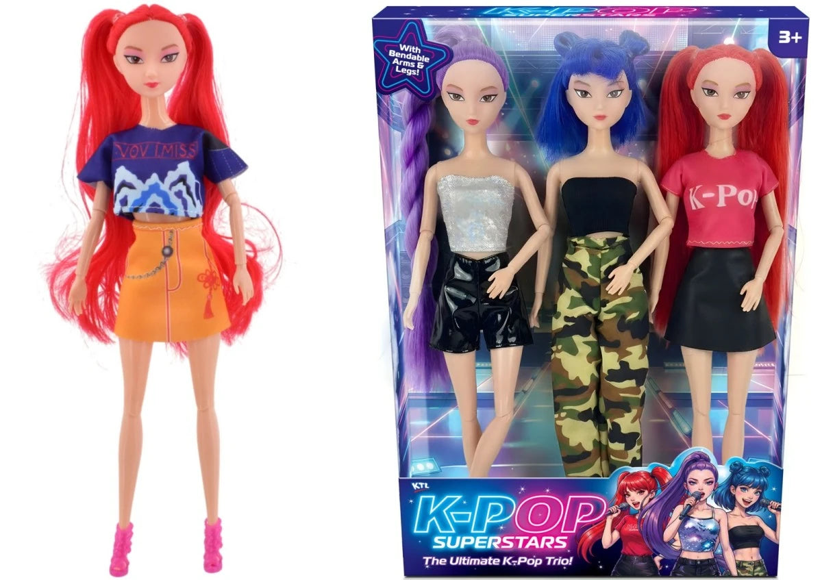 K-Pop Superstars 3 Pack box showing three dolls with purple, blue and red hair