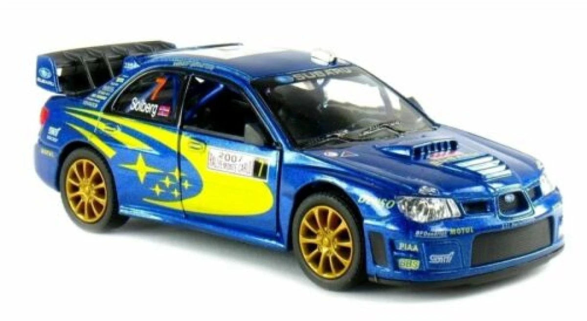 Blue Subaru Impreza WRC 2007 diecast car with yellow rally graphics and gold wheels