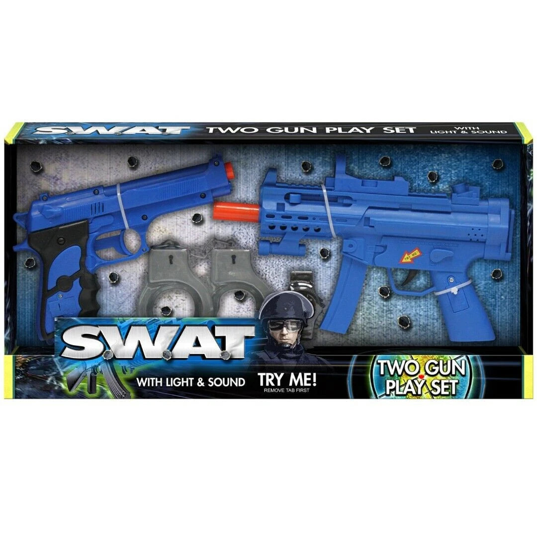 Front of the KandyToys SWAT 2 Gun Playset box with blue toy guns, handcuffs, and watch