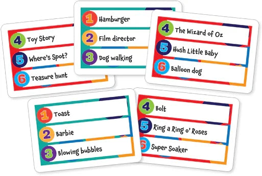 Selection of Kids Charades game cards with illustrated prompts and timer ready for play in Ireland