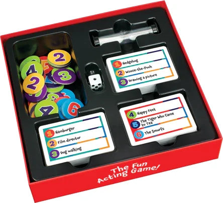 Full contents of Cheatwell Kids Charades game including box, cards, die, tokens and sand timer in Ireland