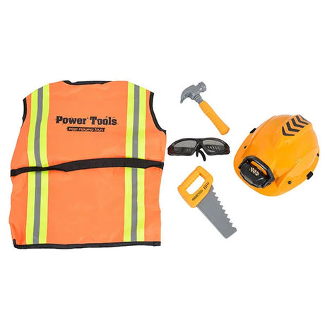 Kids construction roleplay set with orange safety vest, yellow helmet, toy saw, hammer and goggles on white background.