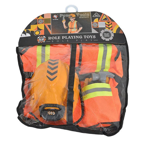Kids construction roleplay set in clear front packaging showing orange vest and yellow helmet inside.
