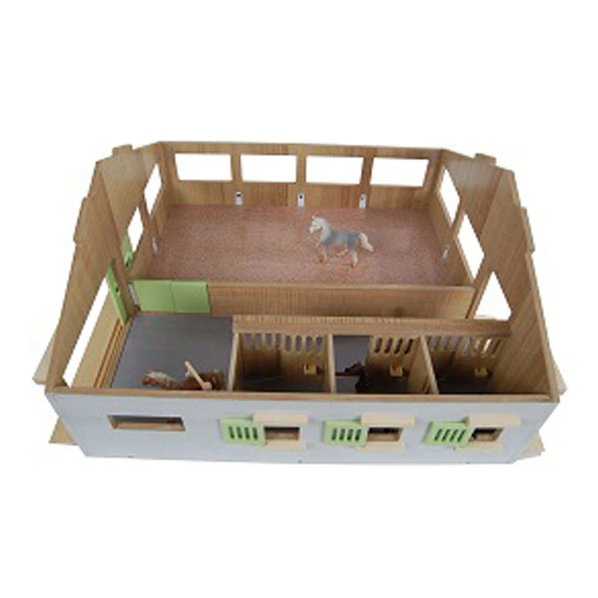 Kids Globe 1:32 Pink Horse Stable shown from above with open roof, horse boxes and riding area visible