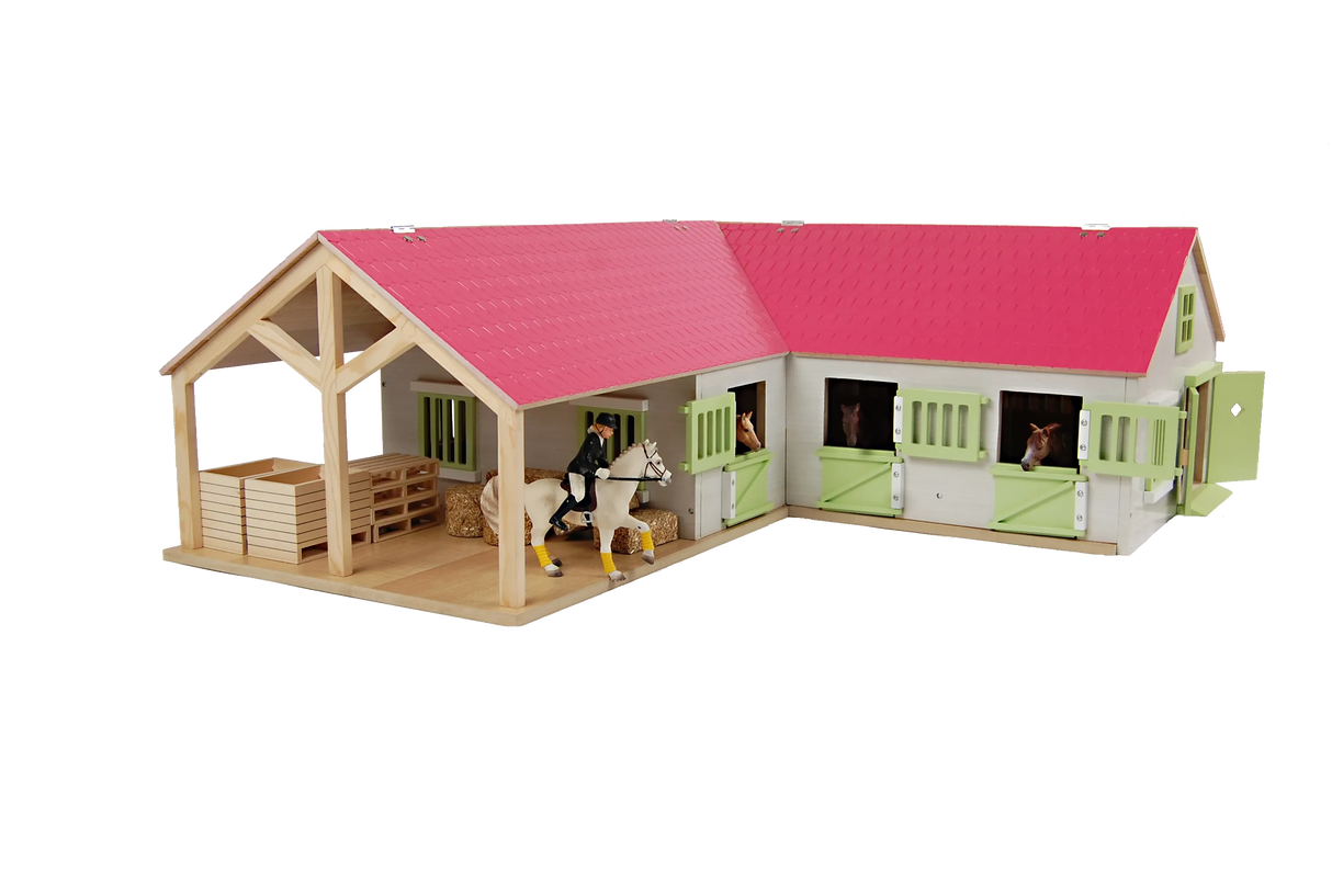 Close-up of Kids Globe pink horse stable doors with horse figures in the boxes