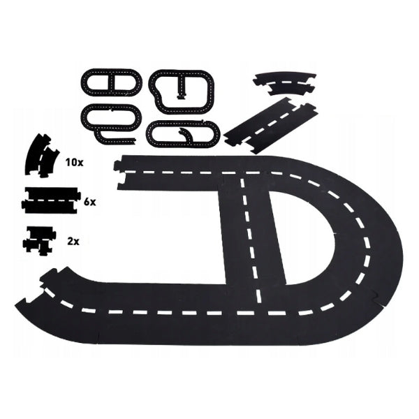 Kids Globe 18 Piece Car Track Road Division pieces arranged flat to show curved sections, straight sections and connector pieces