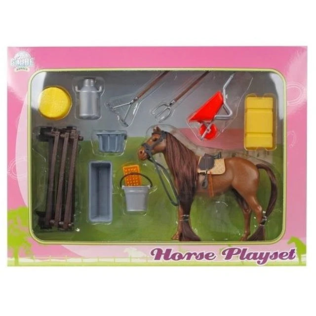 Kids Globe horse and accessories set in retail box with brown horse, black fence panels, drinking trough, bucket and wheelbarrow