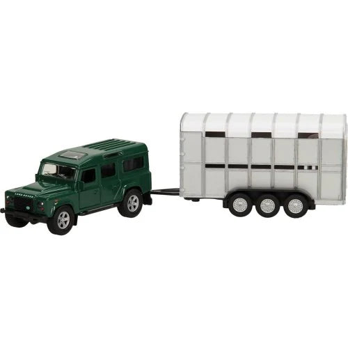 Kids Globe diecast Land Rover Defender with silver livestock trailer, showing the vehicle's front grille, side windows, tow connection and trailer wheels.