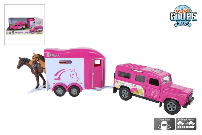 Pink Land Rover and Cheval Liberté horse trailer toy with two horses and feature icons
