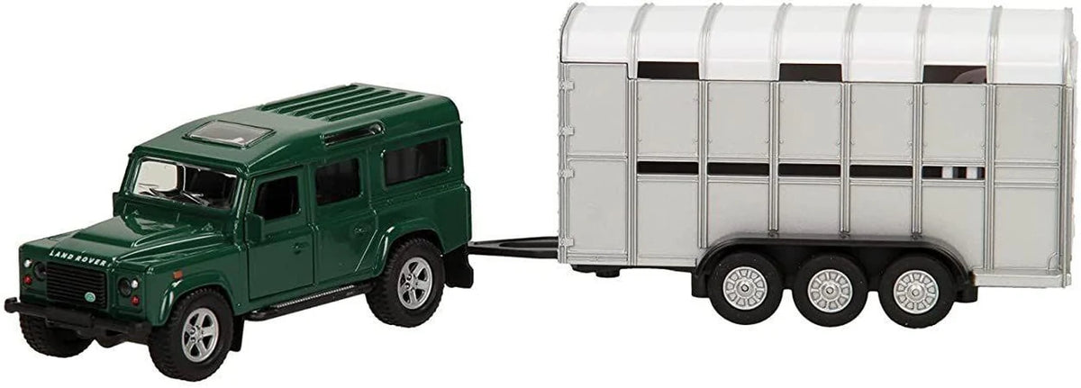 Kids Globe dark green Land Rover Defender 110 towing a silver three axle livestock trailer, shown from the front and side on a white background.