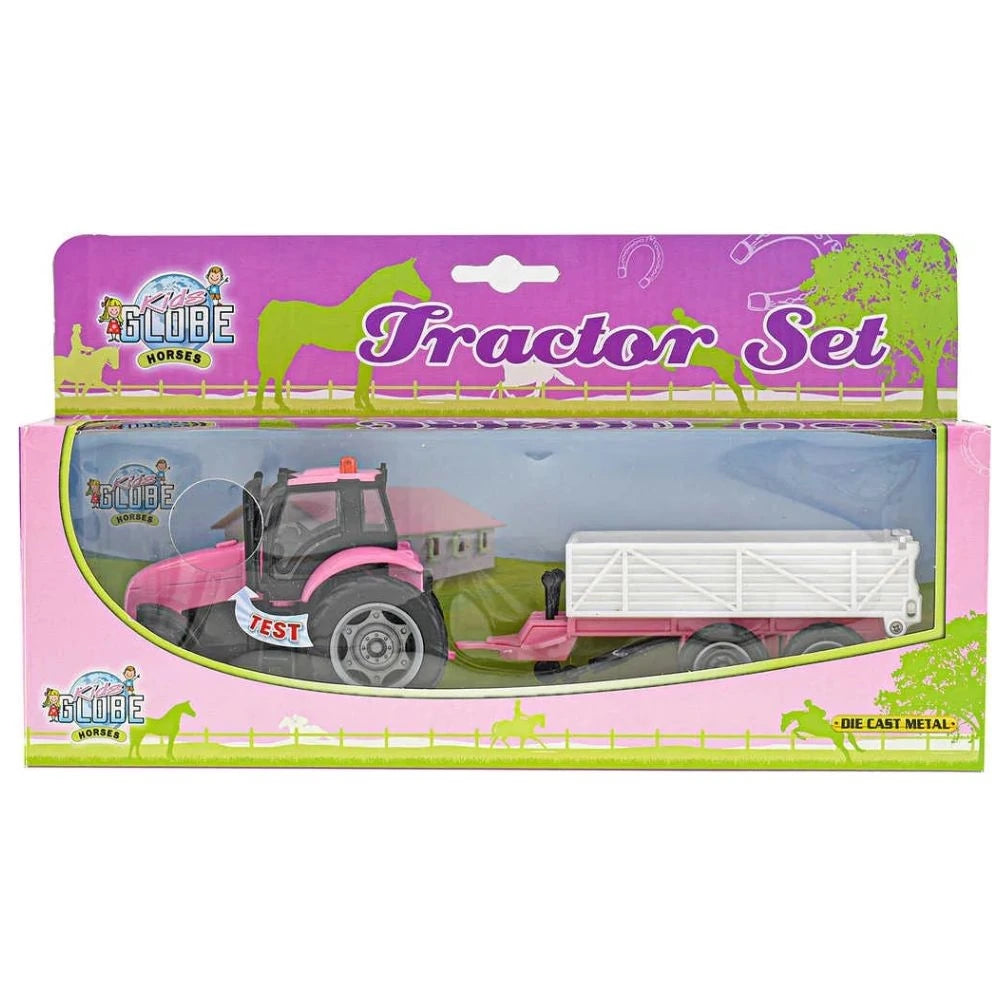 Boxed Kids Globe pink tractor and trailer farm toy set