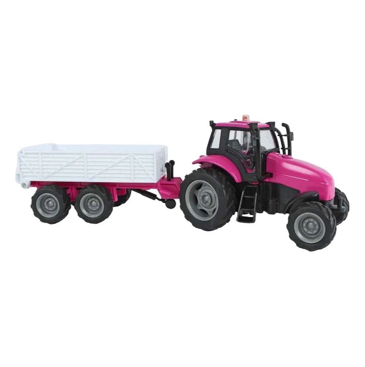 Pink tractor and white trailer farm toy in side view